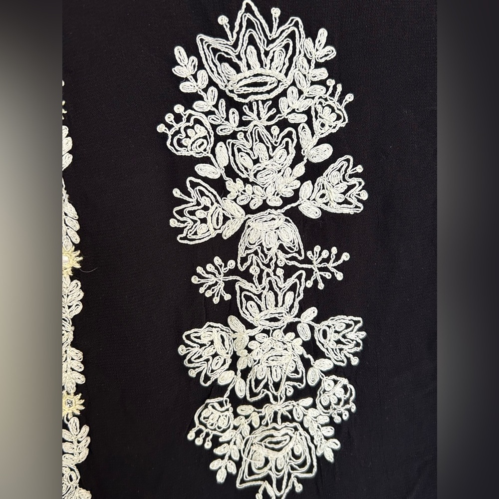 **VERB** Black/White Cocktail Mini Dress, 3/4” sleeve, Hand Embroidered - Picture 6 of 9